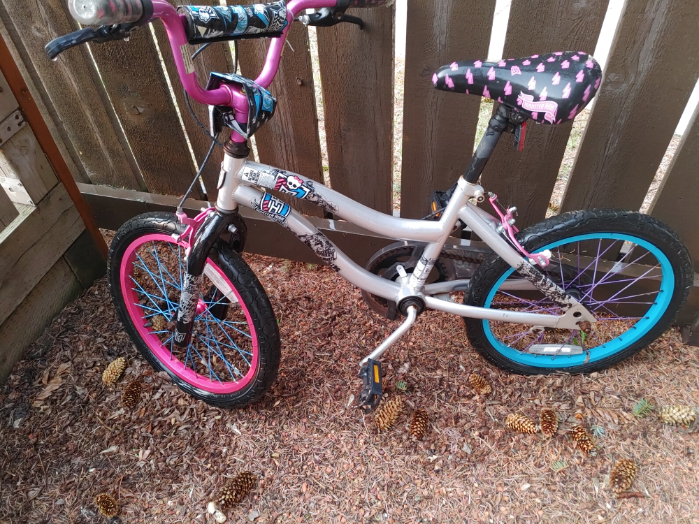 A kid monster high bike and an 18 speed bike