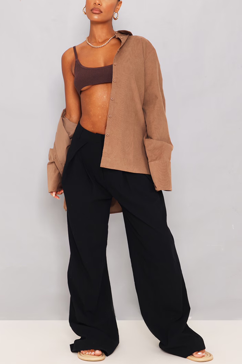Black Textured Tailored Floaty Straight Leg Pants