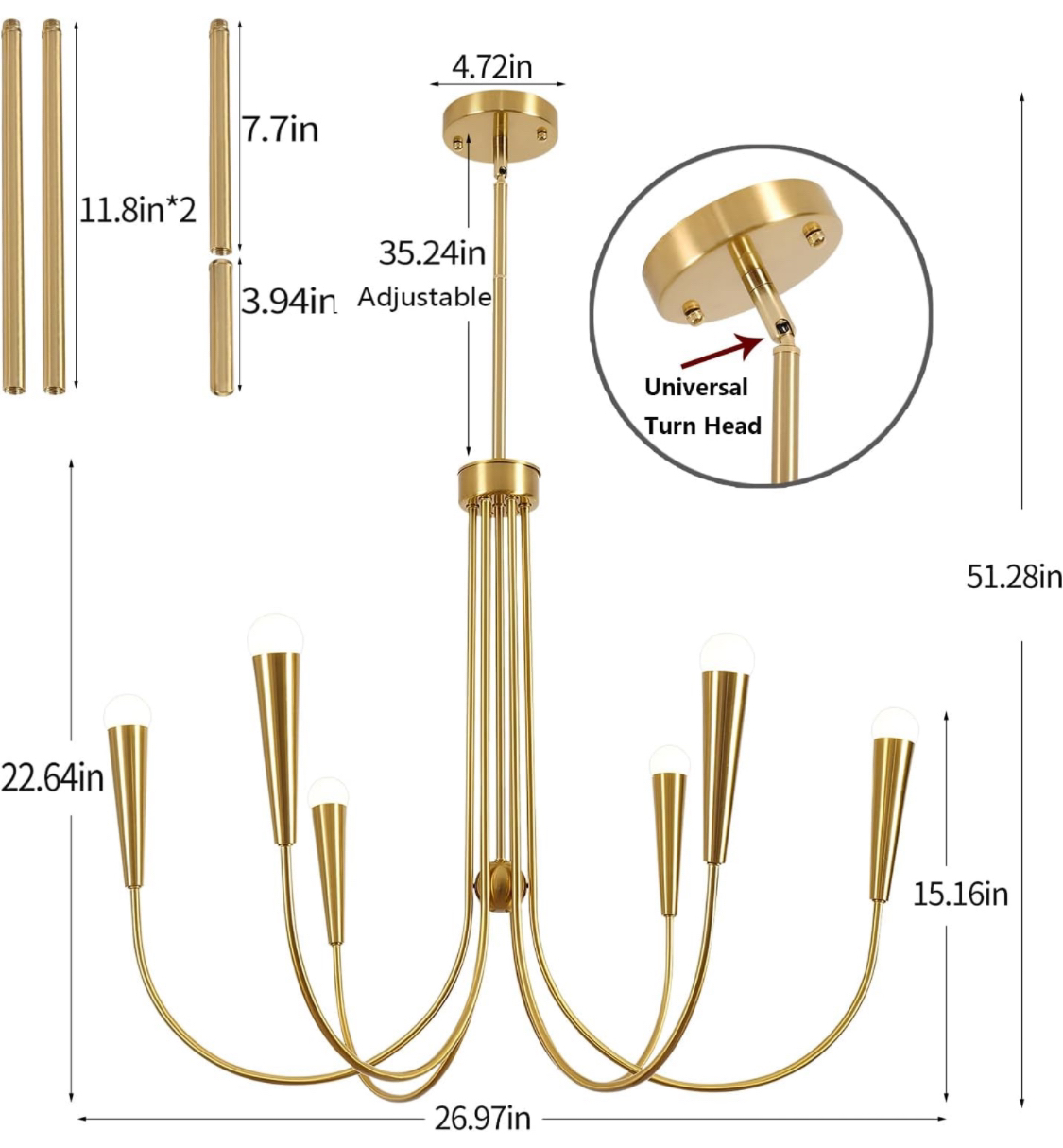 Six-Light Elegant Swan Neck Chandelier; Height Adjustable - photo 5