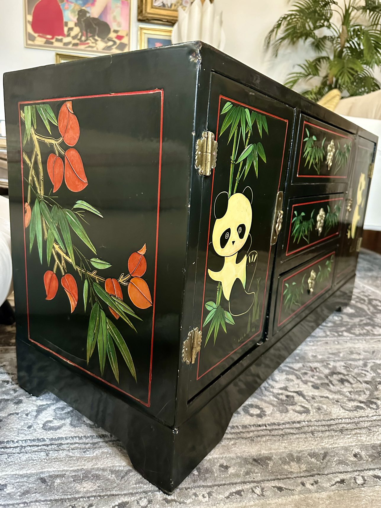 Rare Panda Bears Asian Lacquer Accent Low Cabinet Table thumbnail