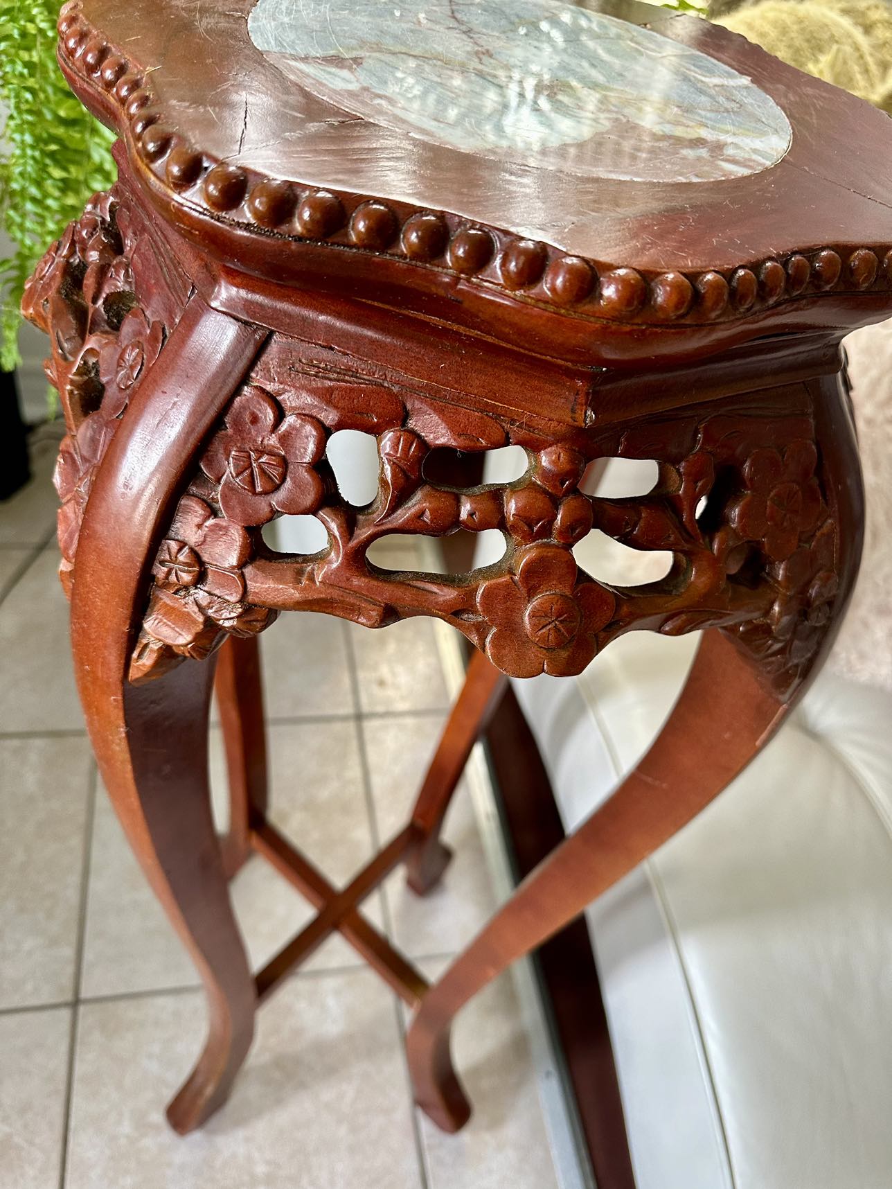 Asian Carved Wood | Inset Marble | Plant Stand | Display thumbnail
