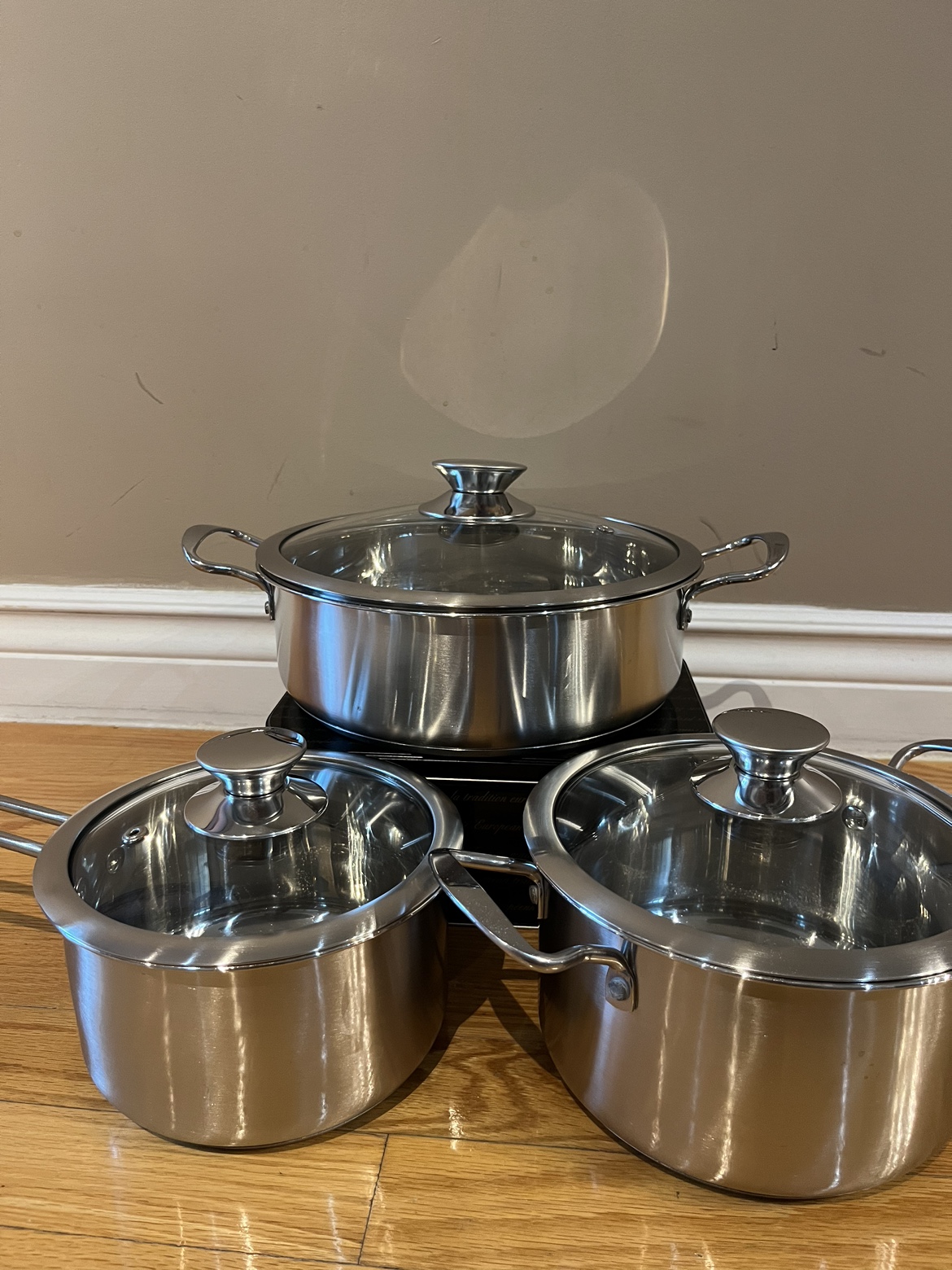 Stainless steel cookware set, 6 piece electric and gas cooktops