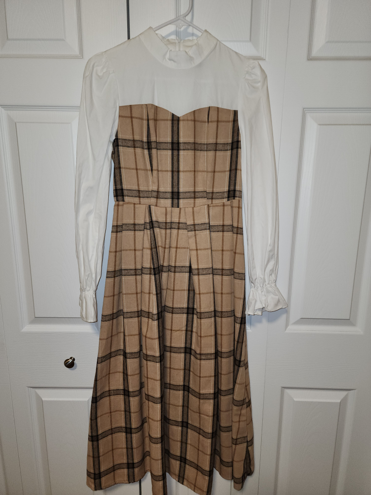 Cotton Plaid Flounce Sleeve Mock Neck Fold Pleated Hen Dress - photo 5