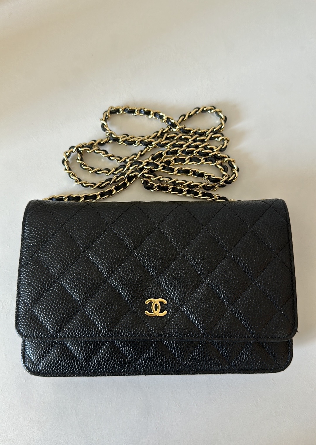 Chanel bag quilted caviar wallet on chain WOC in Black leathet