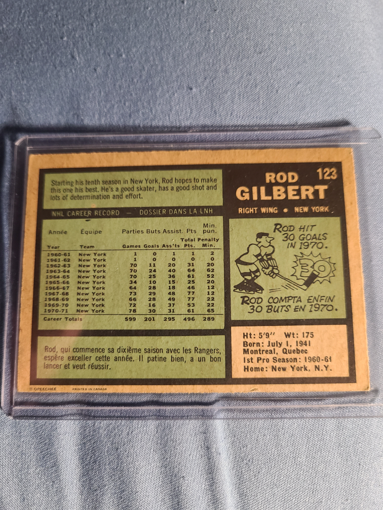 1971 o pee chee Rod Gilbert hockey card image indicator(2)