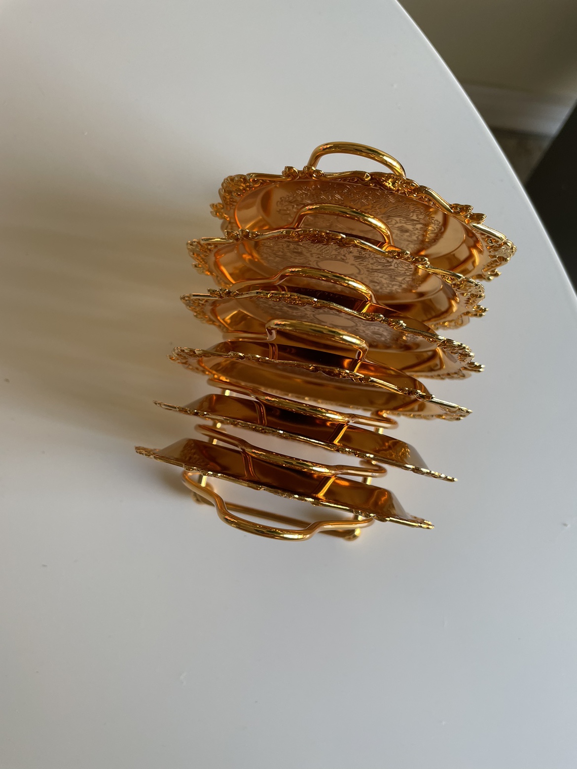 Gold plated metal coasters with holder - set of 6 (NEW) - photo 3