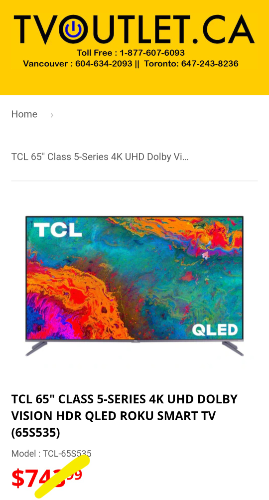 QLED TV SALE!! NEW TCL 65" QLED 4K GOOGLE Smart TV ONLY $489.99 thumbnail