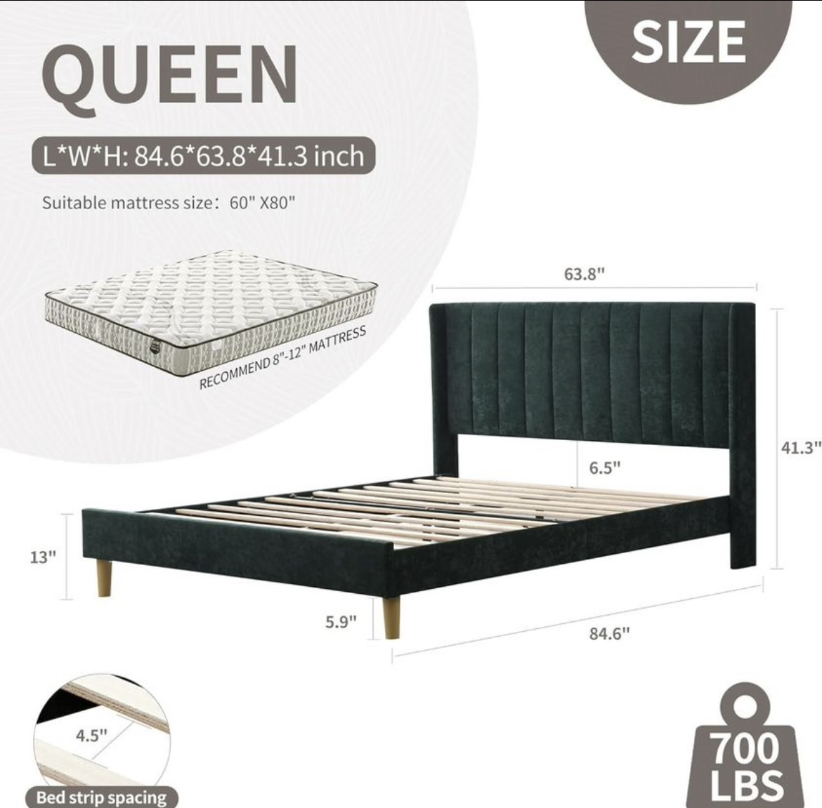 YUHUASHI Upholstered Platform Bed Frame, Queen Size - photo 2