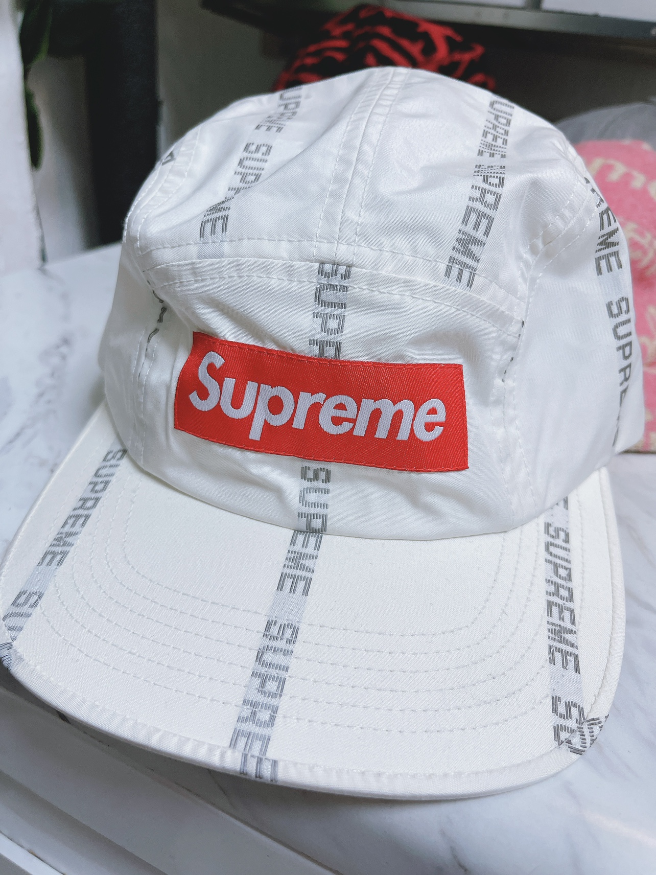 Supreme Reflective Text Camp Cap White image indicator(2)