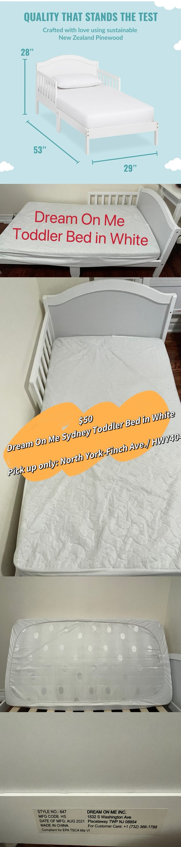 Dream On Me Sydney Toddler Bed in White