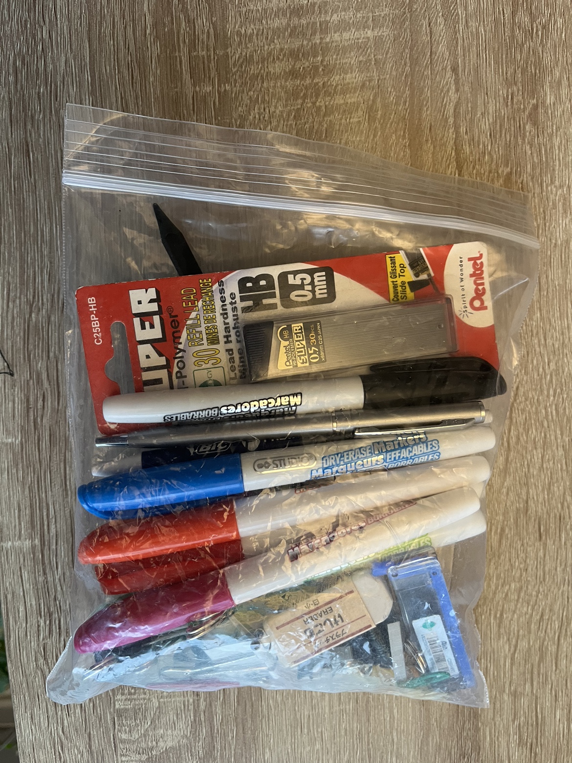 Assorted stationery in a ziplock bag