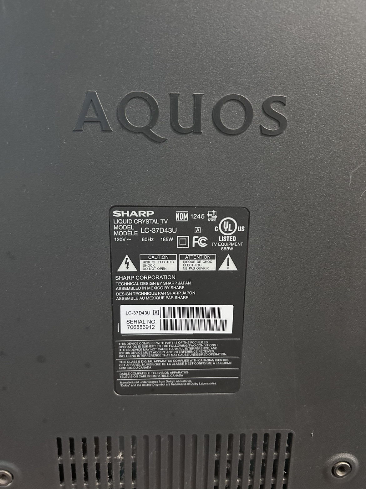 Sharp liquid crystal 37” AQUOS LCD HDTV image indicator(6)