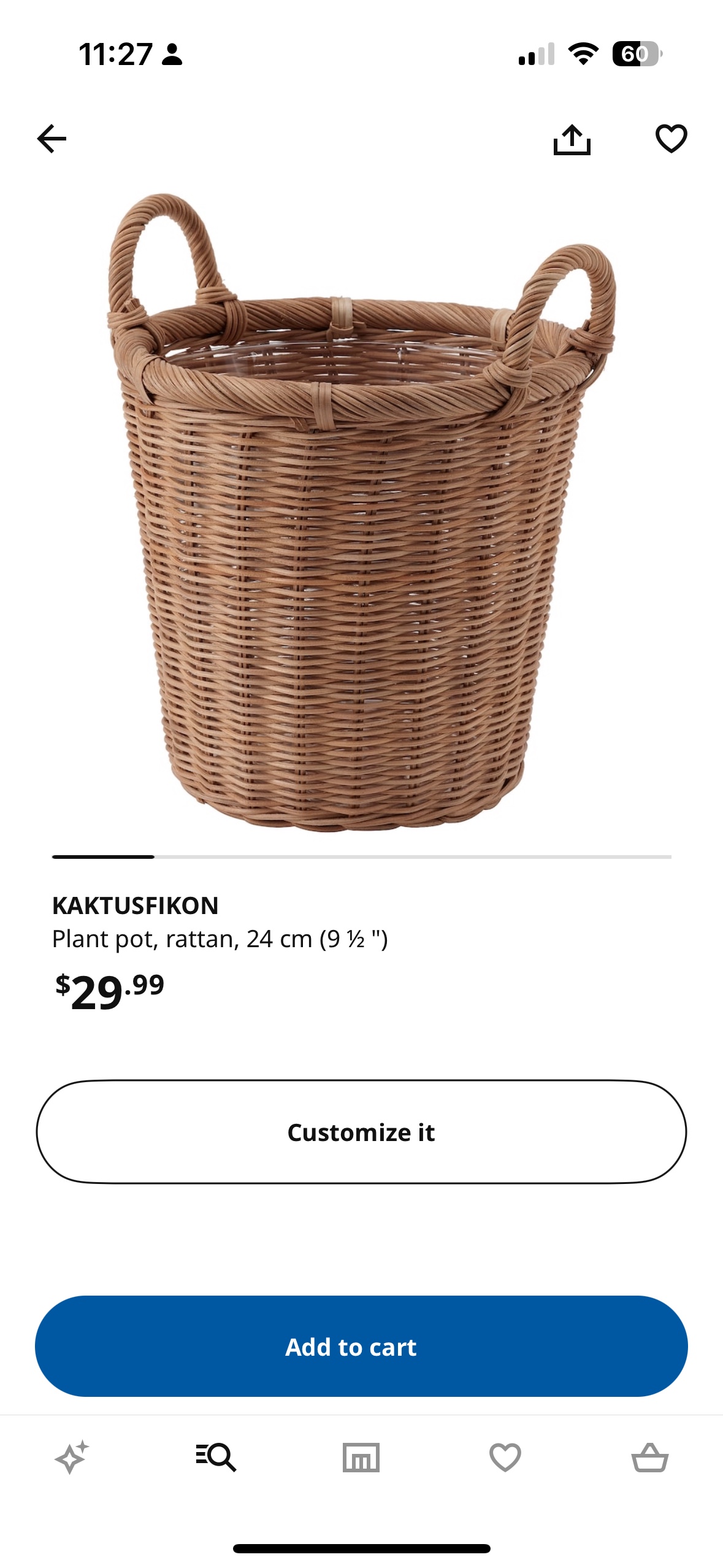IKEA rattan plant pot 9.5in, kaktusfikon - photo 2
