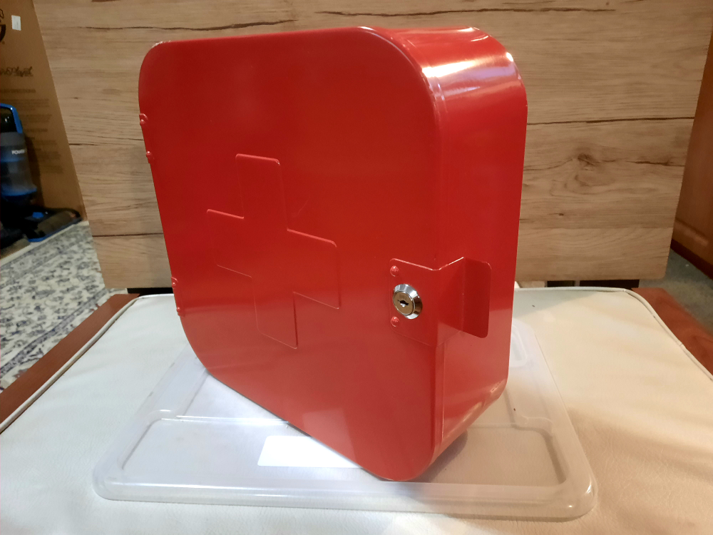 First Aid metal box, wall mount, includes two keys. thumbnail