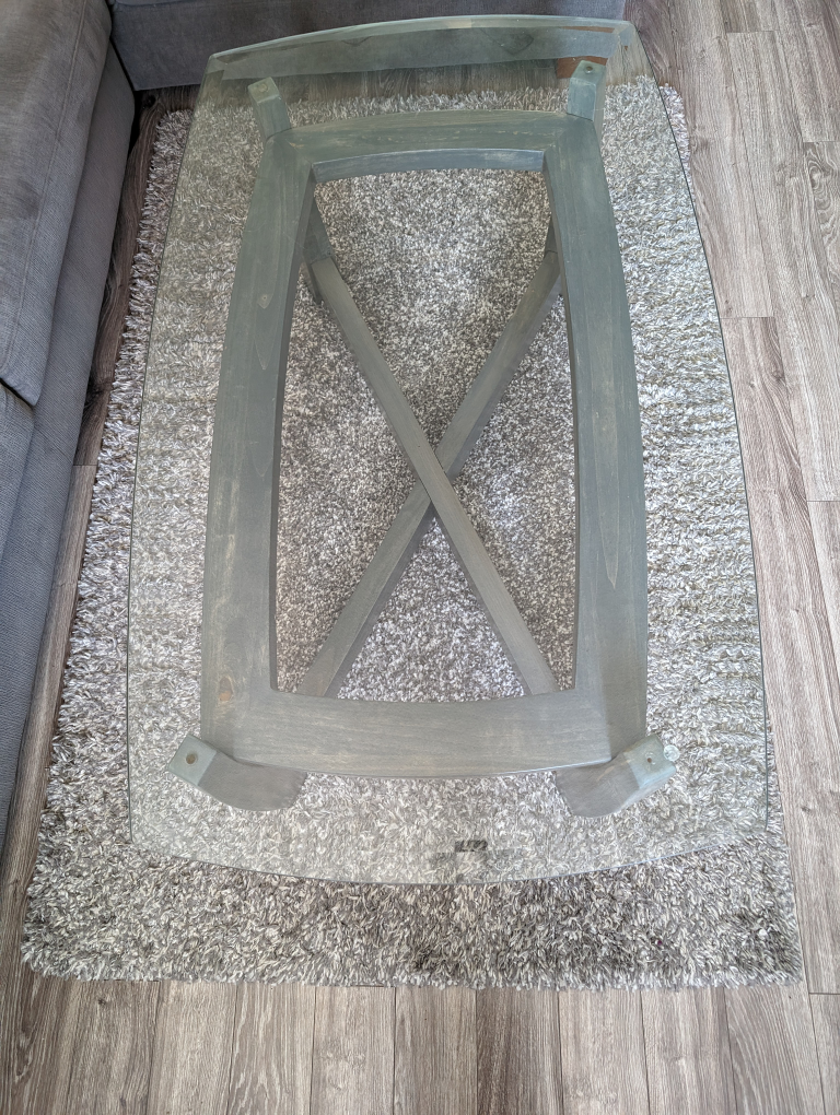 Glass &  grey stain wood base farmhouse living room table - used - photo 2