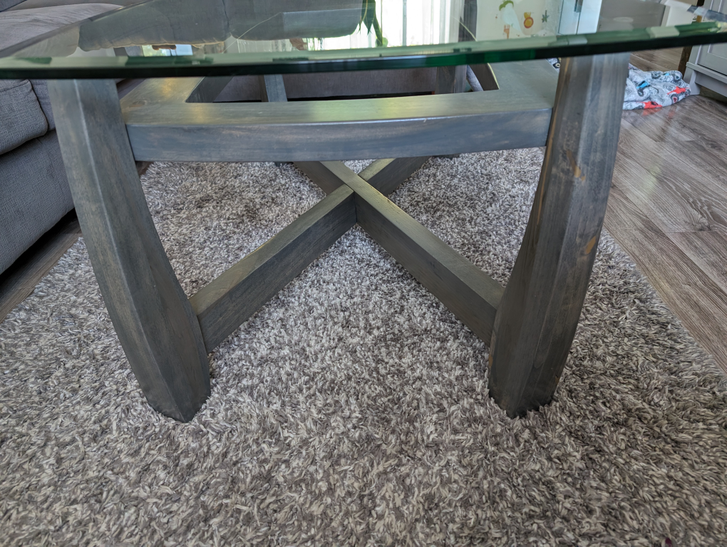 Glass &  grey stain wood base farmhouse living room table - used - photo 3