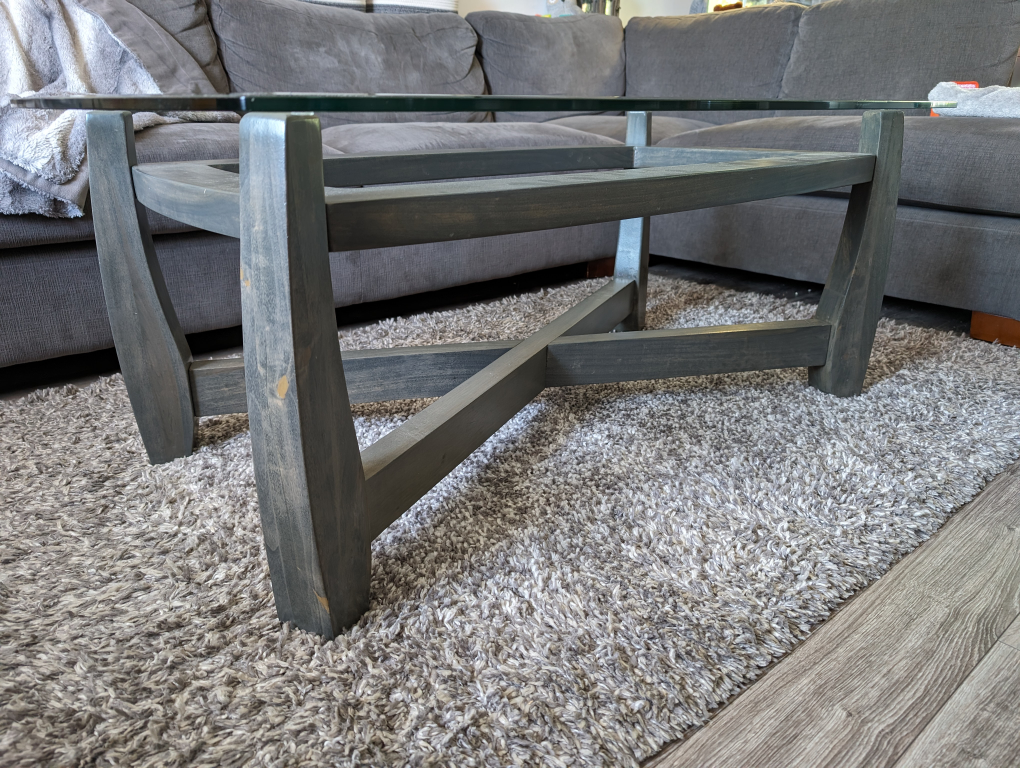 Glass &  grey stain wood base farmhouse living room table - used - photo 4