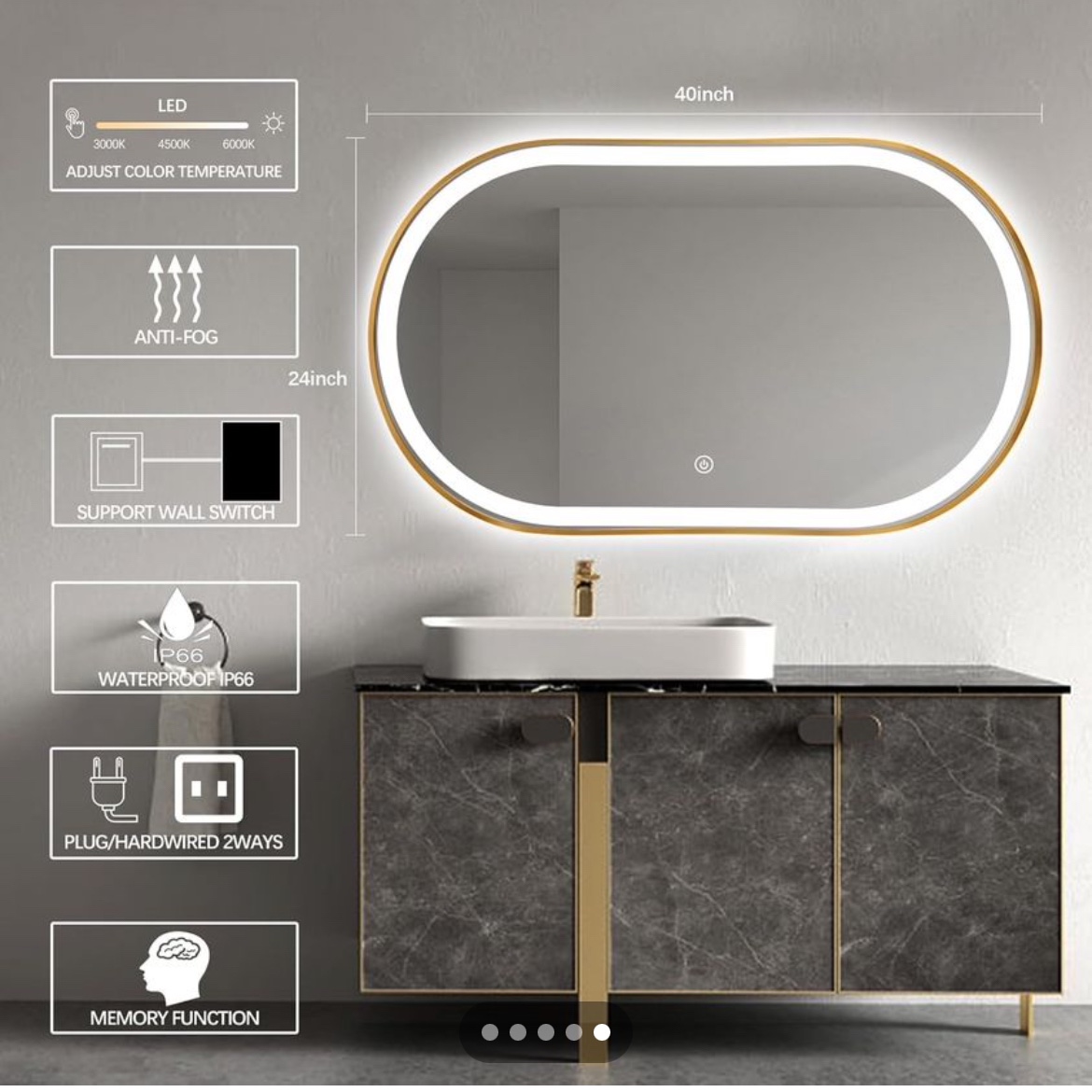 TheiaMo LED Oval Mirror, 40x24 Inch Dimmable Bathroom Mirror