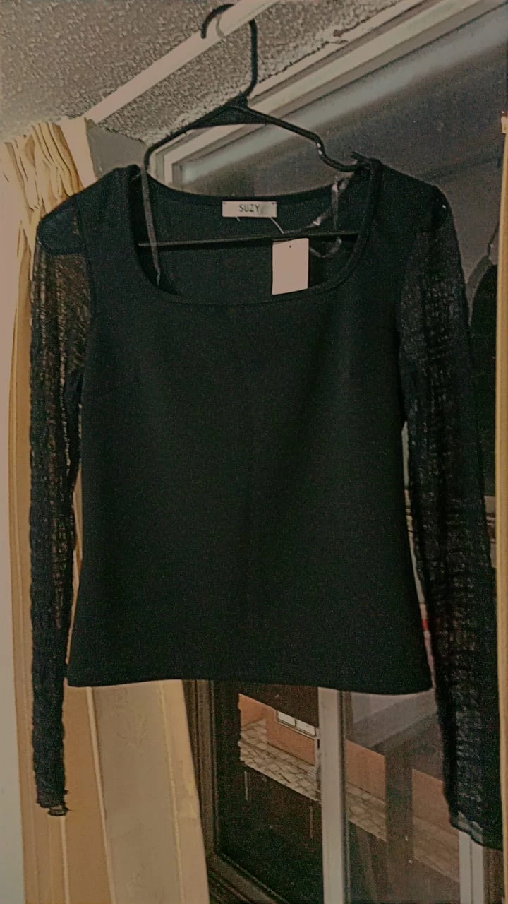 Brand New Suzy mesh sleeve and wide neck top