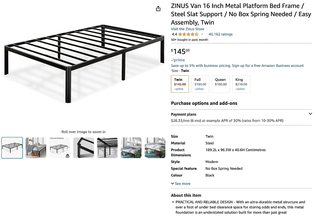 JINUS Metal Bed Frame 16 inches