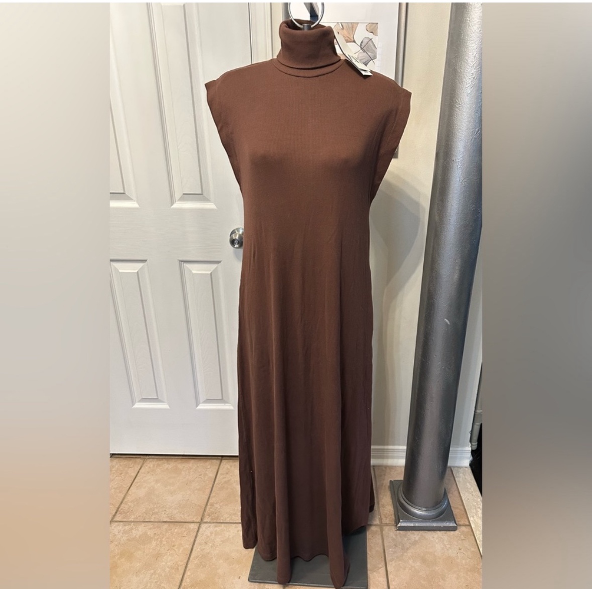 BNWT Zara Woman’s Solid Brown Ribbed Turtleneck Tank Maxi Dress
