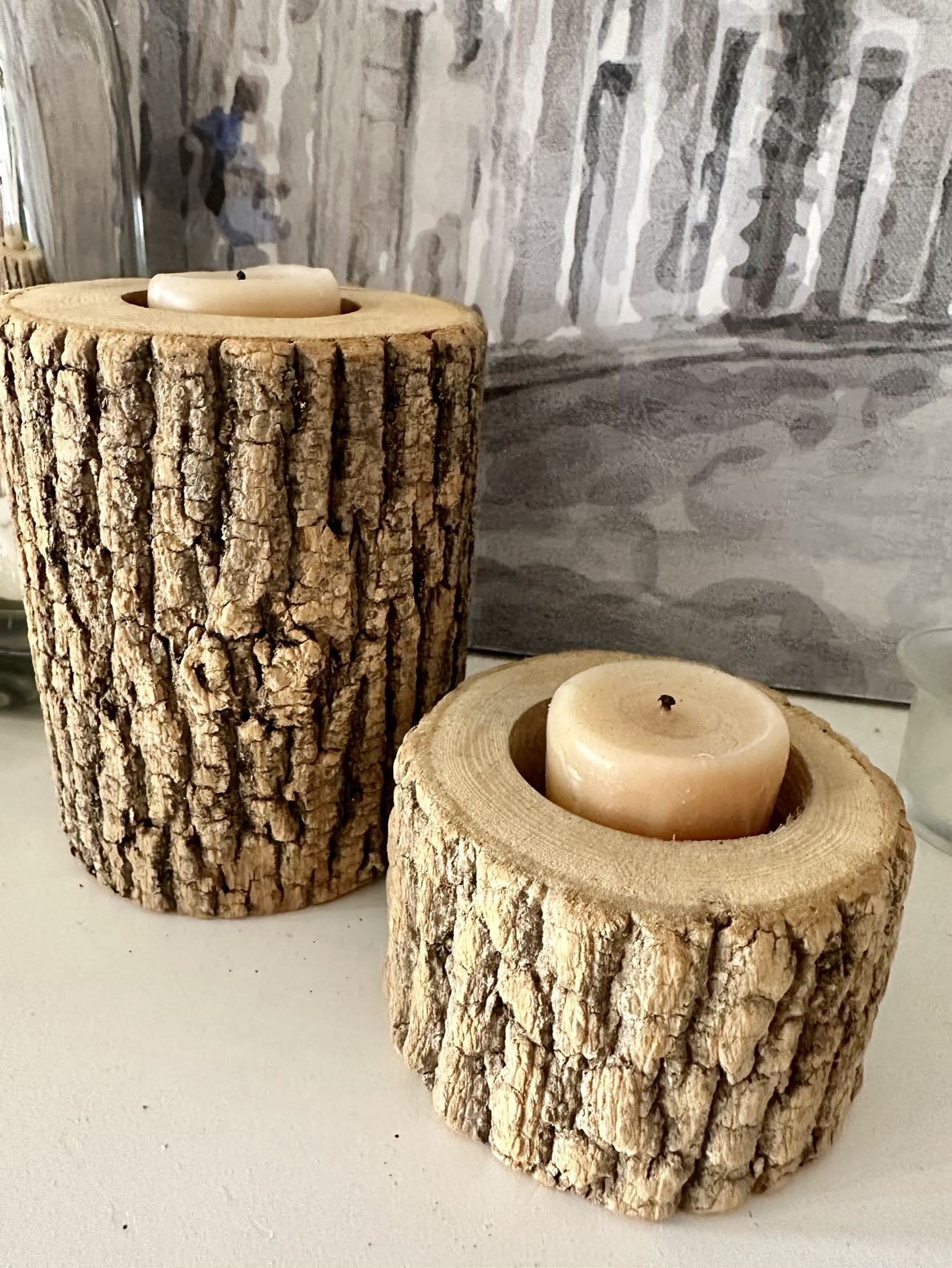 Set of 2 Handcrafted Rustic Log Candleholders w/ glass & candles thumbnail