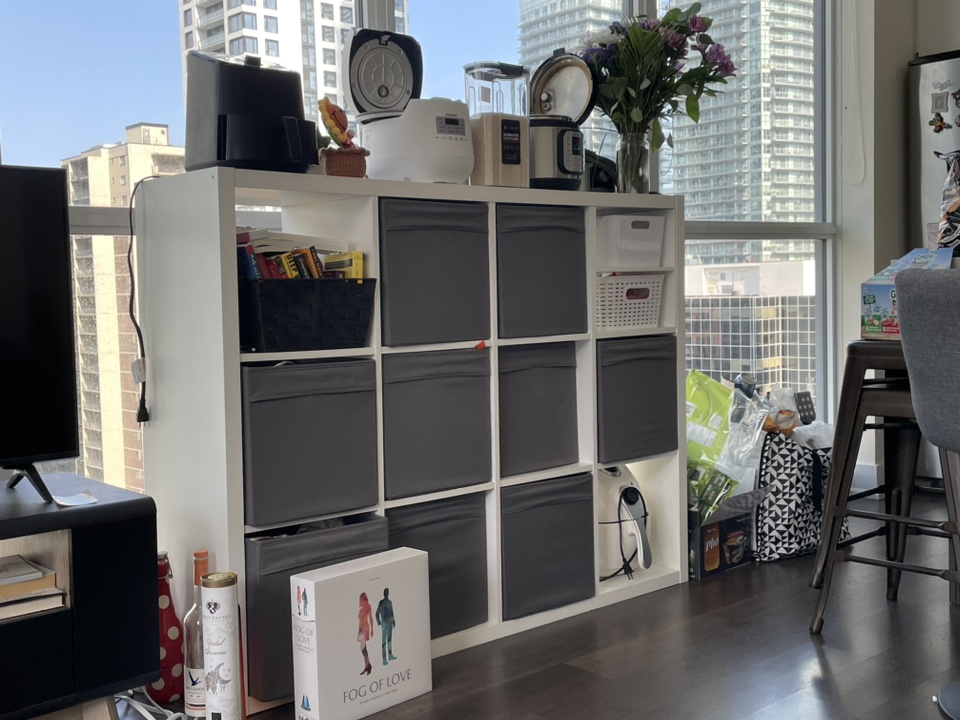 Ikea Kallax shelf and 9 storage bins thumbnail