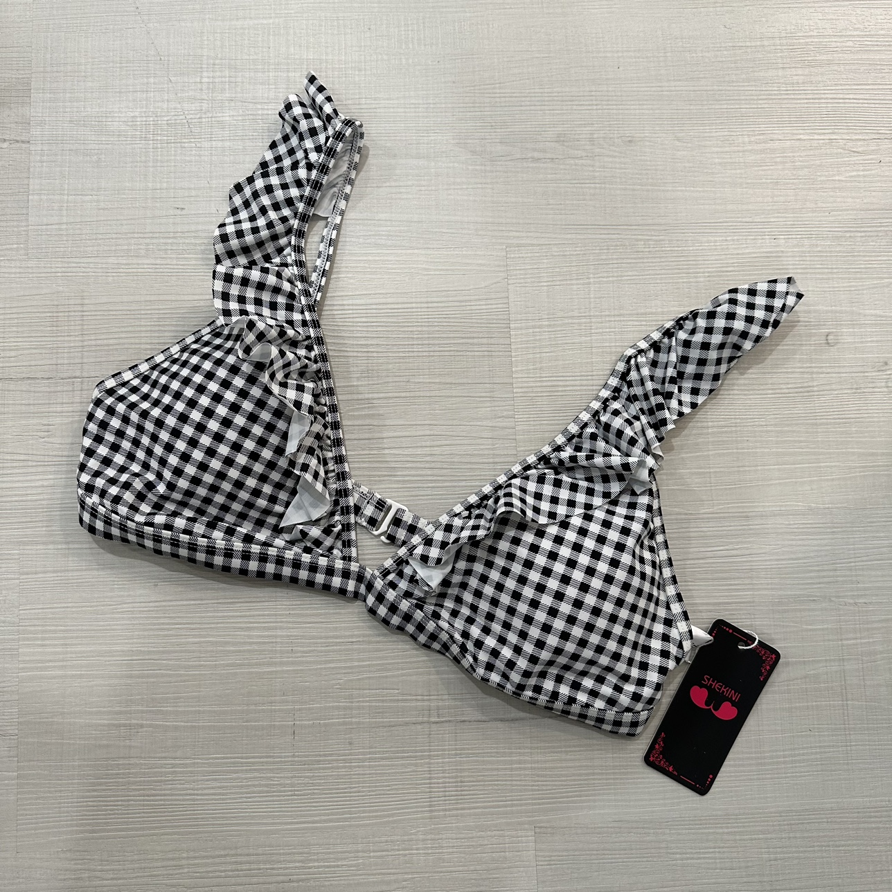 NWT SHEKINI Gingham Pattern Black and White Bikini Top thumbnail