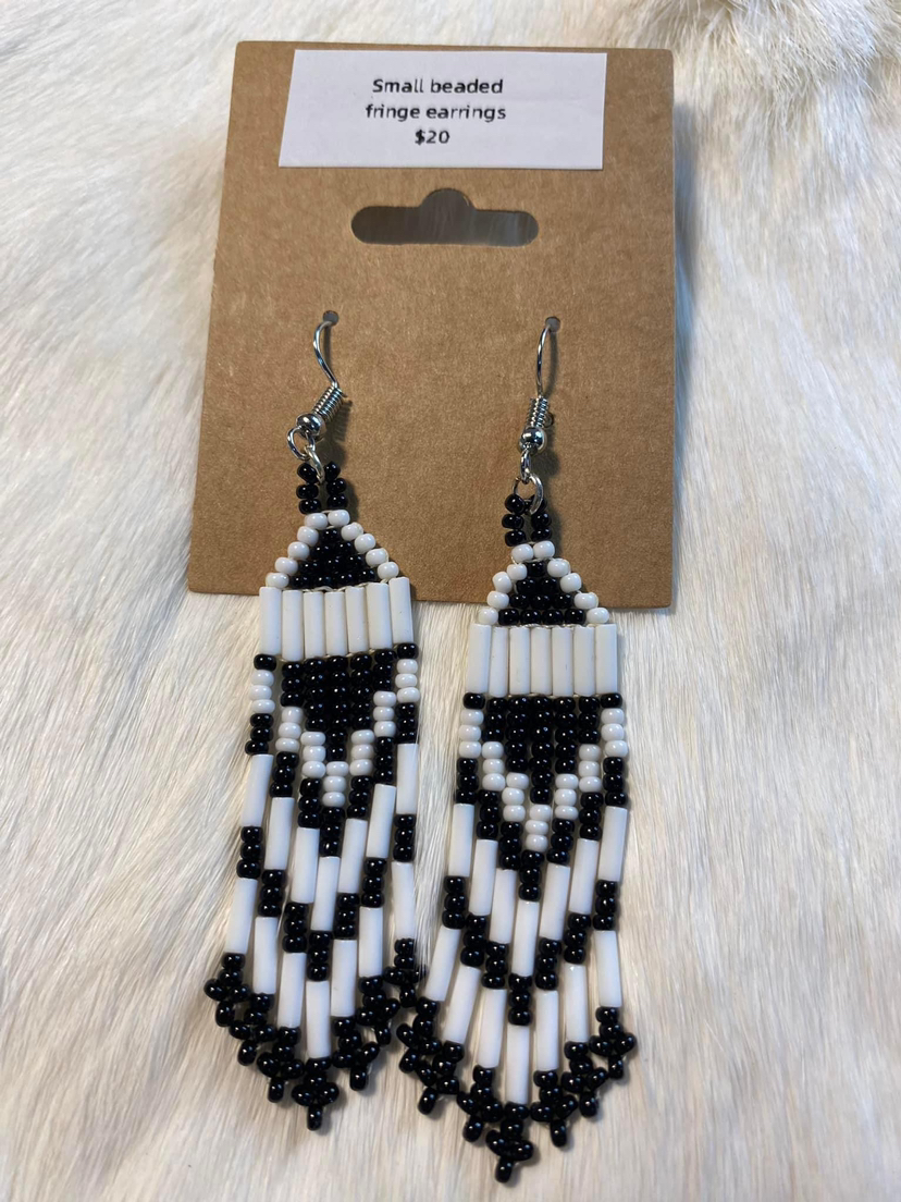 Black and white beaded fringe earrings