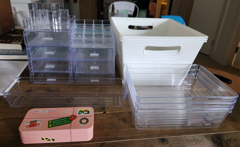 storage buckets, bins, draws, trays