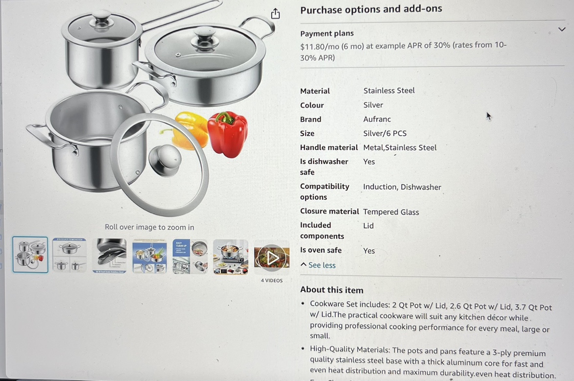 Stainless steel cookware set, 6 piece electric and gas cooktops - photo 2