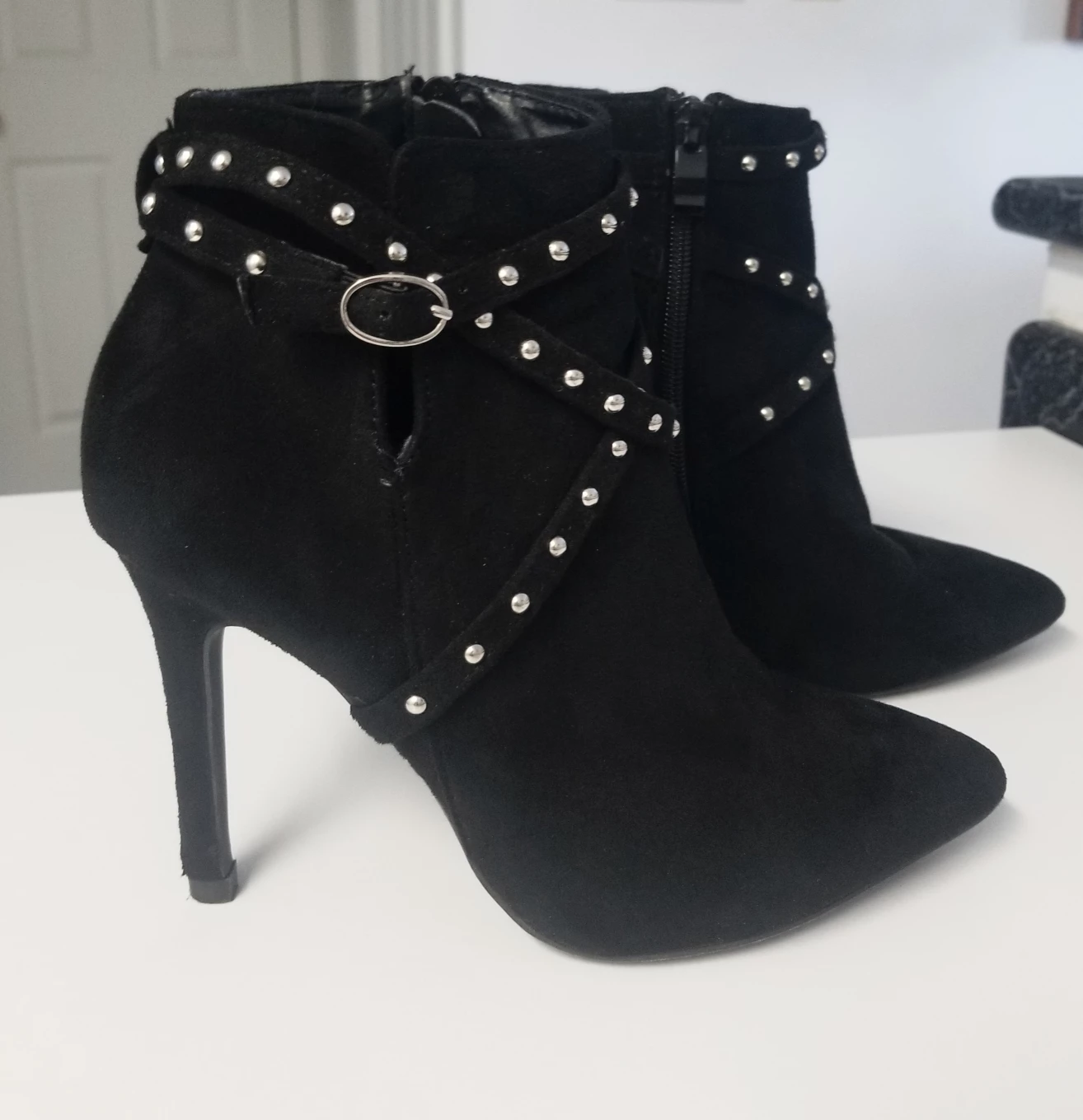 Silver Studded Black Suede High Heel Booties - shoes Size 7 image indicator(2)