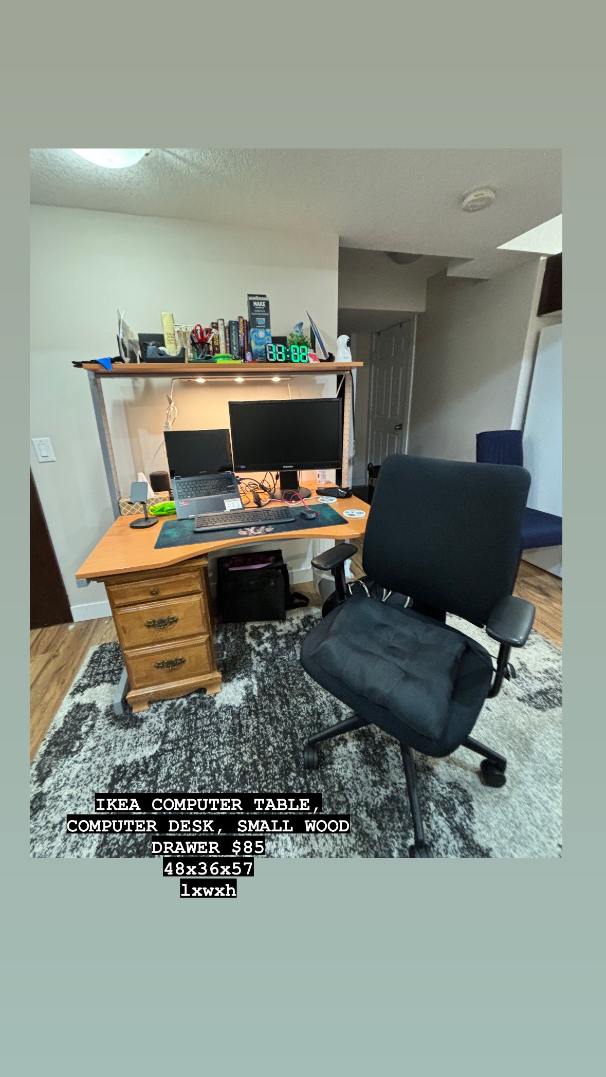Ikea computer desk with light, chair, small wood drawer