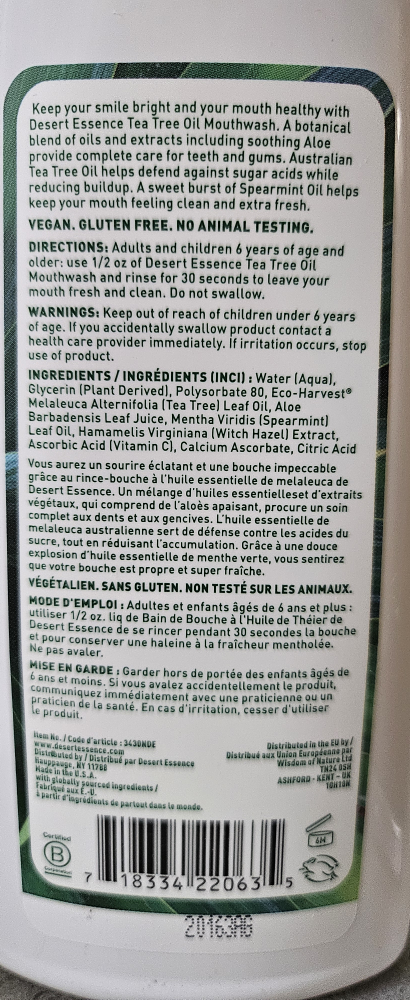 Desert Essence Tea Tree Oil Mouthwash - Sugar Free Spearmint image indicator(2)