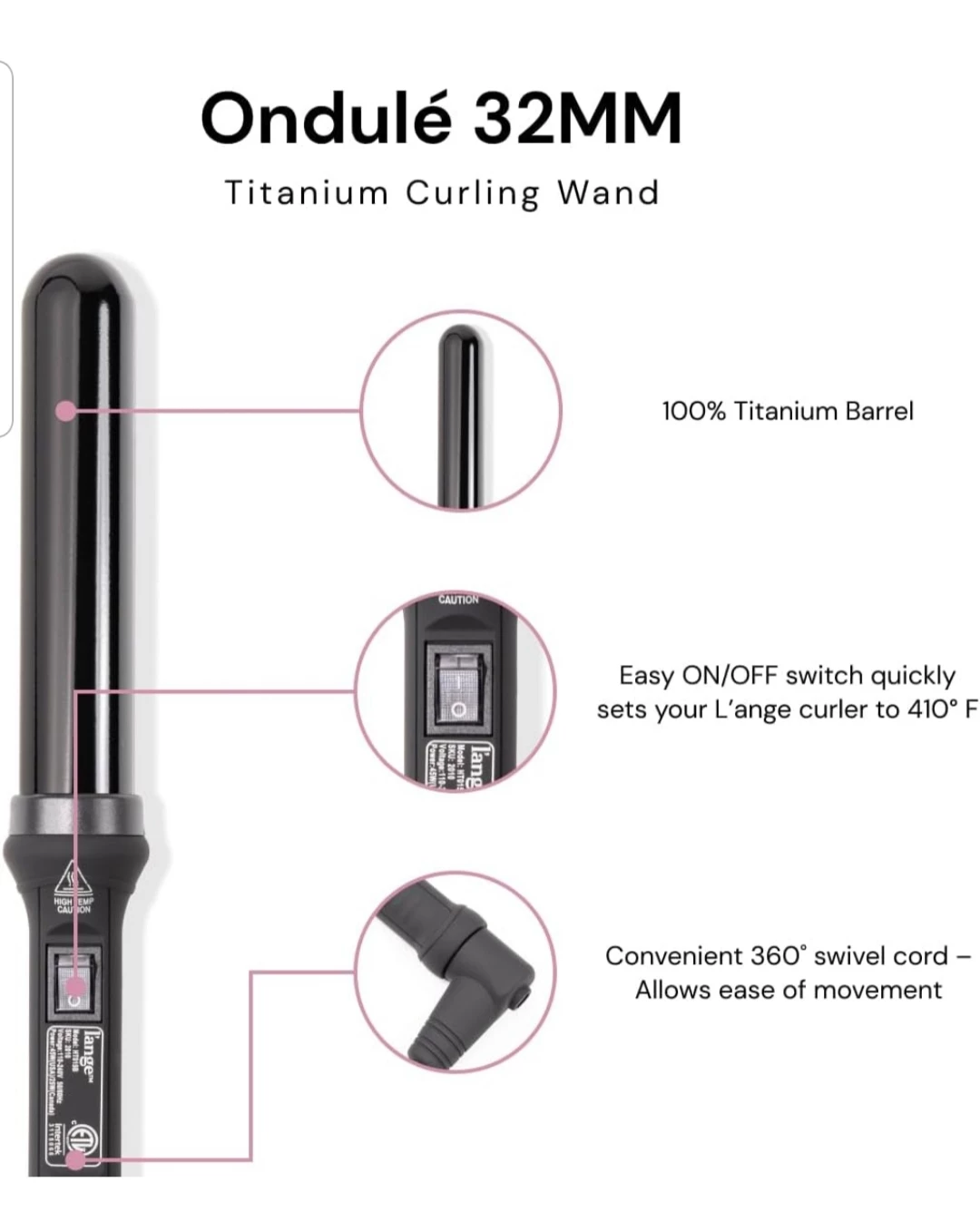 L'ANGE HAIR Ondulé Ceramic Curling Wand 1.25 Inch w/ Heat Glove image indicator(6)