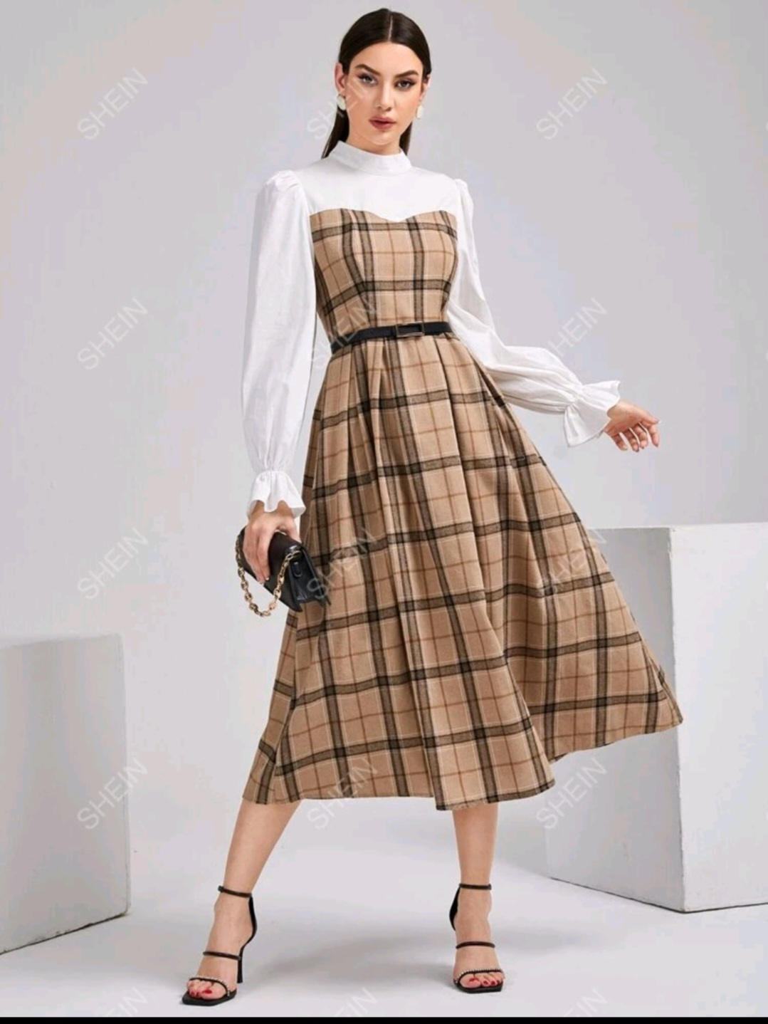 Cotton Plaid Flounce Sleeve Mock Neck Fold Pleated Hen Dress