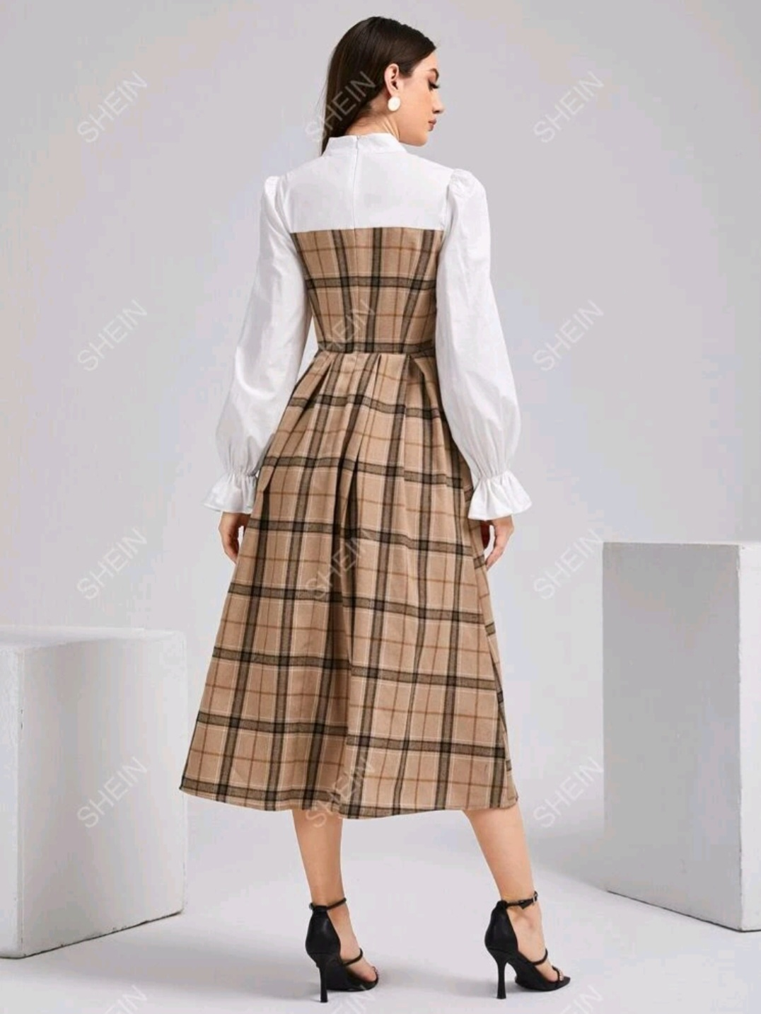 Cotton Plaid Flounce Sleeve Mock Neck Fold Pleated Hen Dress - photo 2