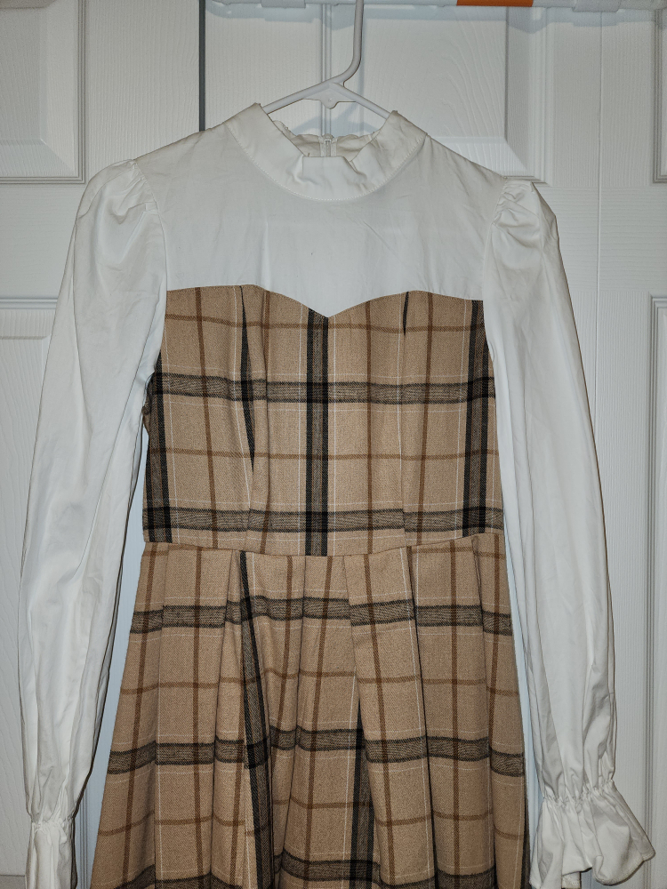 Cotton Plaid Flounce Sleeve Mock Neck Fold Pleated Hen Dress - photo 4