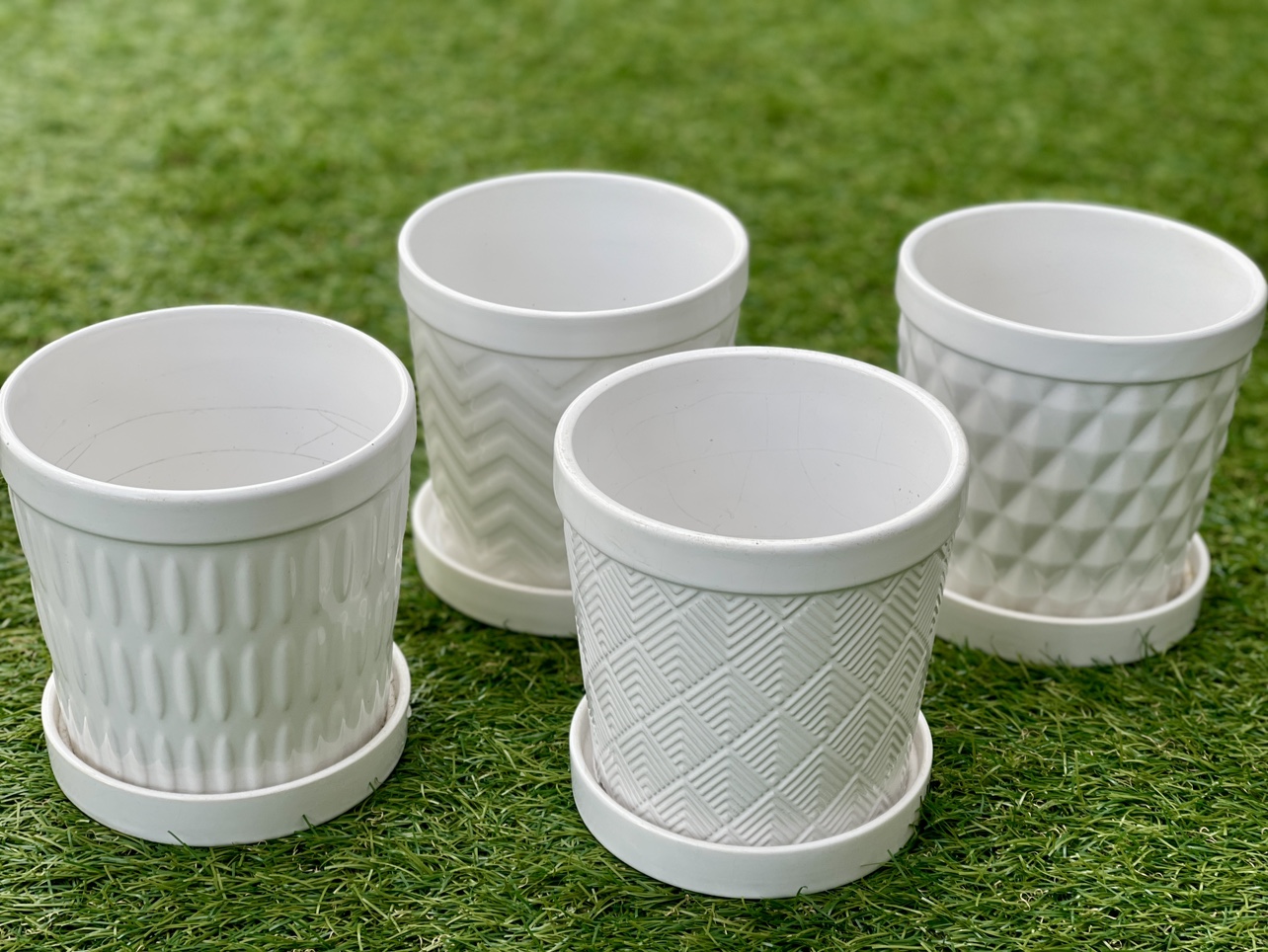 4 New Planting Pots White Geometric Designs  5”D x 5.25”H