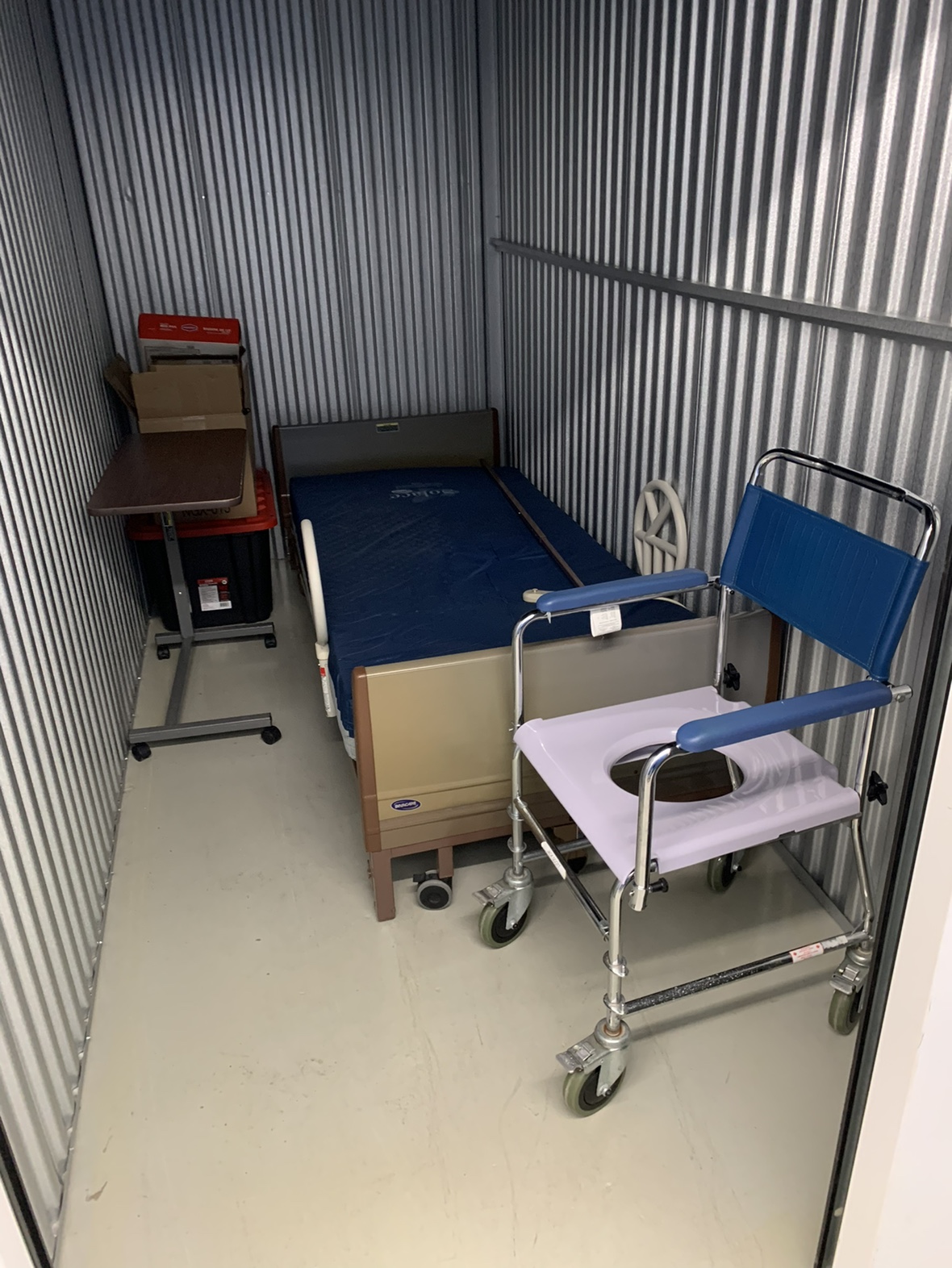 Invacare Bed w/ Mattress, Halo Rings, Overbed Table & Commode