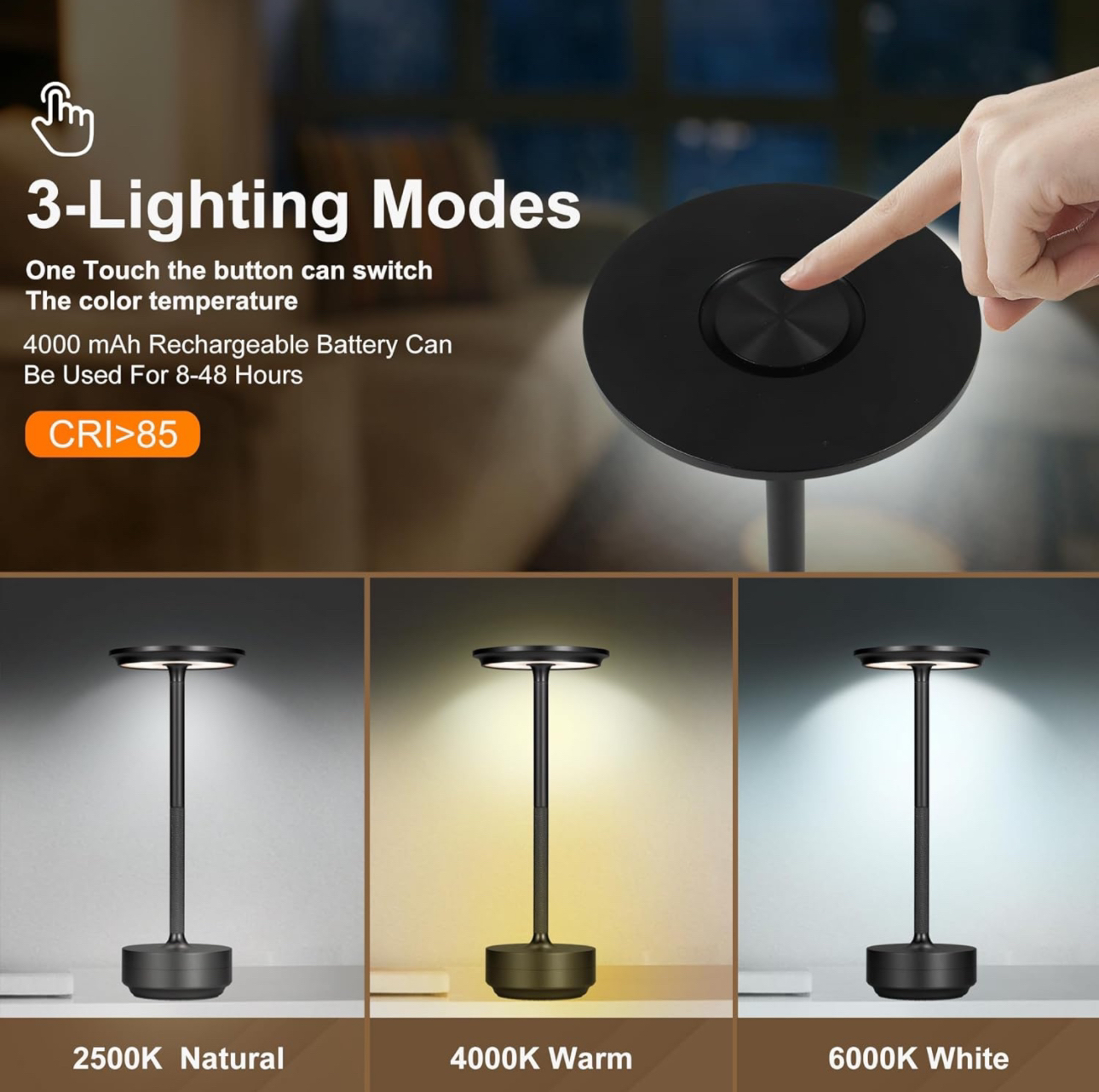2 LED Table Lamp 3Level Dimming Cordless Rechargeable image indicator(9)