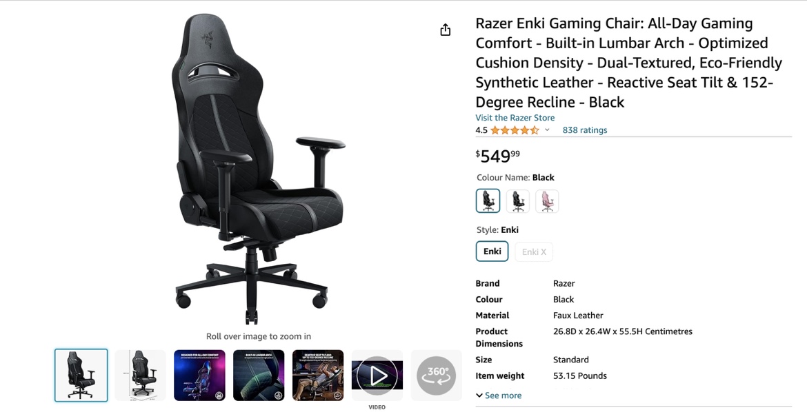 Razer ENKI Gaming Chair including headrest pillow image indicator(5)