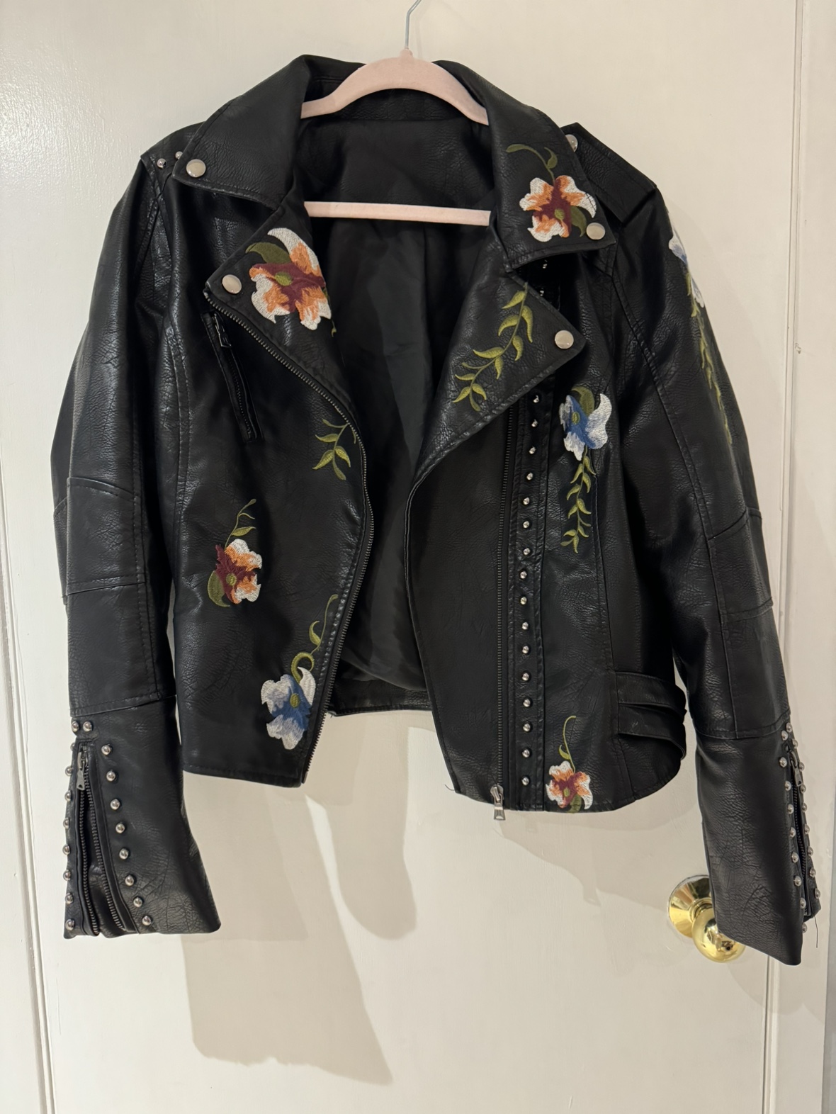 Floral embroidered leather jacket