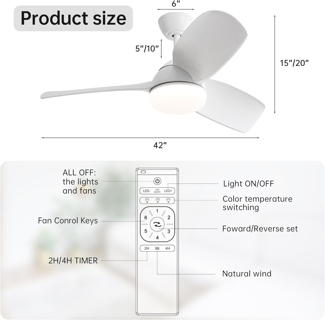 42" Low Profile Flush Mount Modern Ceiling Fan with LED Light - photo 2