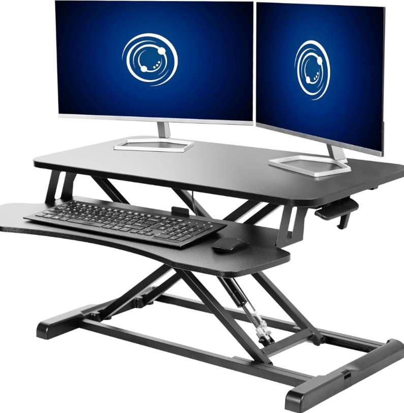Standing desk riser, dual monitor with keyboard tray