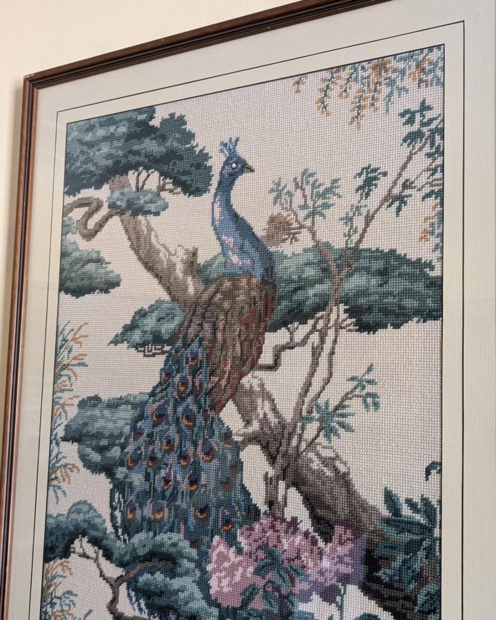 VINTAGE 1970’s Chinoiserie Regency Needlepoint Peacock thumbnail