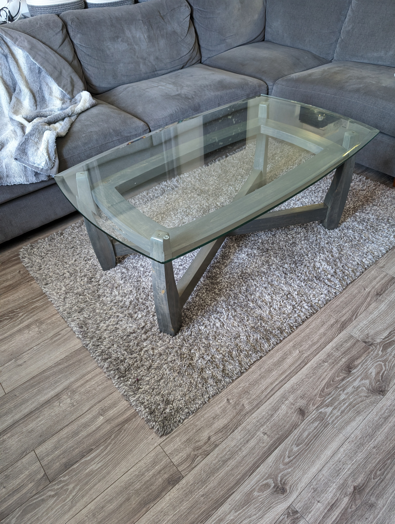 Glass &  grey stain wood base farmhouse living room table - used
