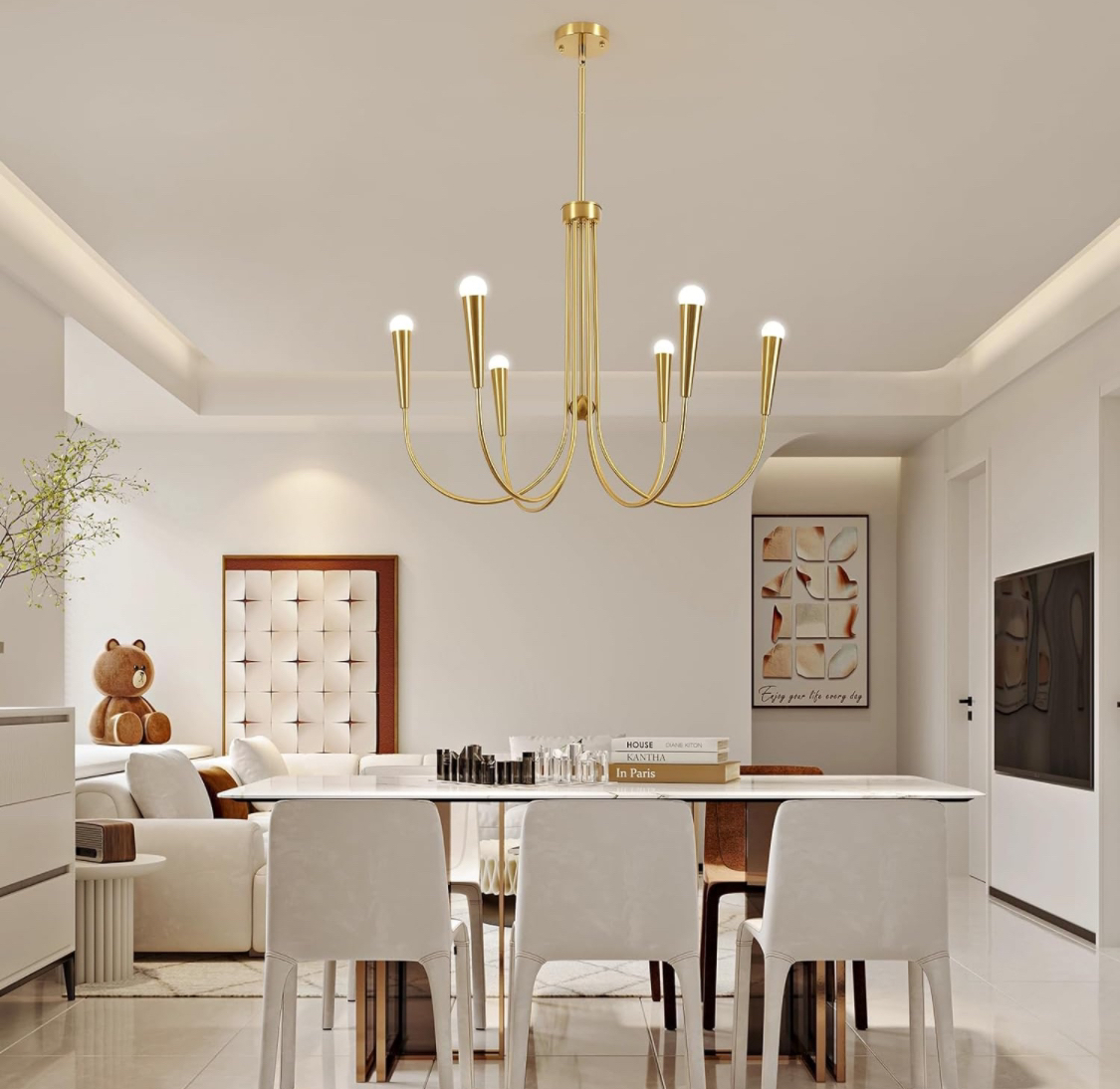 Six-Light Elegant Swan Neck Chandelier; Height Adjustable