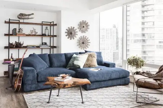 Blue Corduroy Sectional Couch Sofa with Chaise