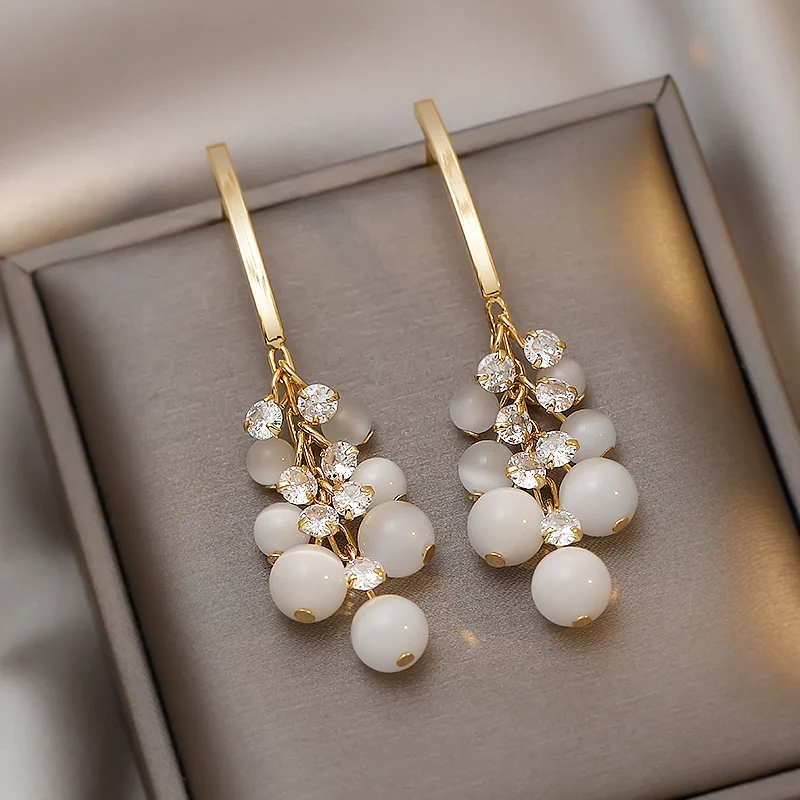 Stylish long drop bunch of pearls earrings thumbnail